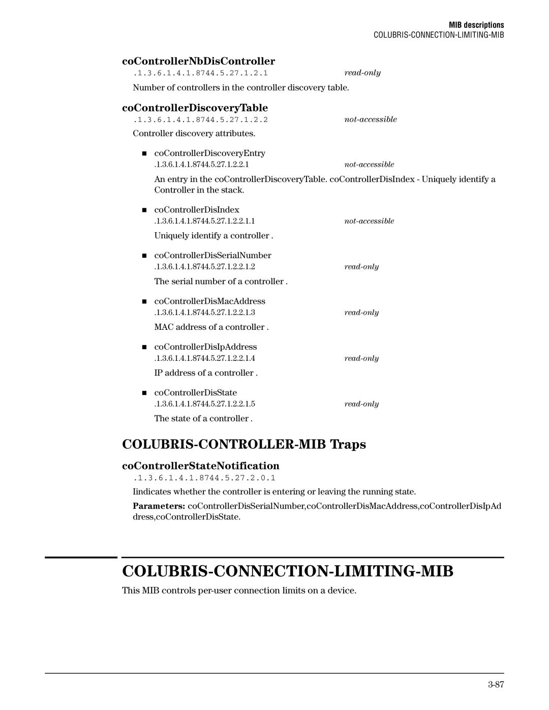 HP Guest Management Software Colubris-Connection-Limiting-Mib, COLUBRIS-CONTROLLER-MIB Traps, CoControllerNbDisController 