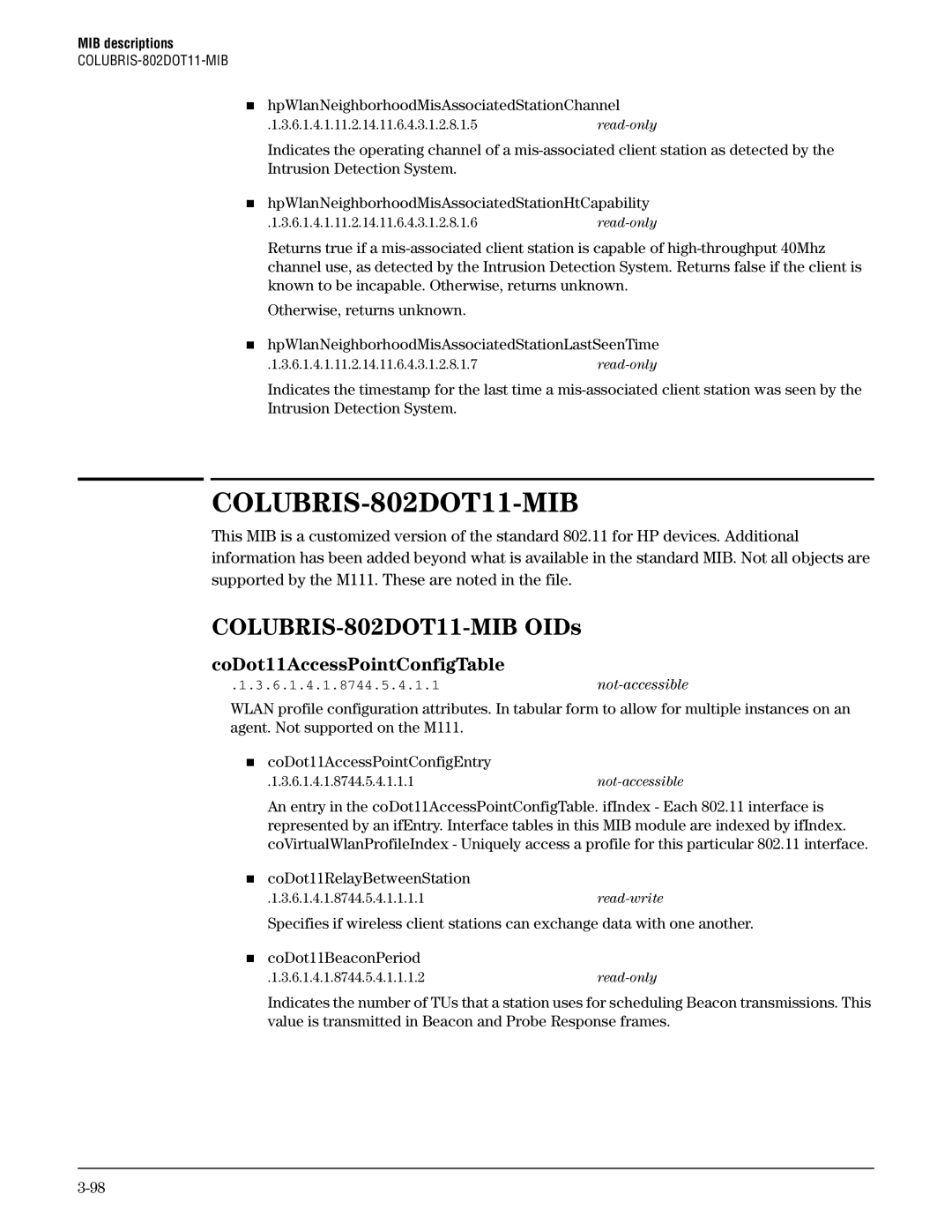 HP Guest Management Software COLUBRIS-802DOT11-MIB OIDs, CoDot11AccessPointConfigTable, „ coDot11RelayBetweenStation 