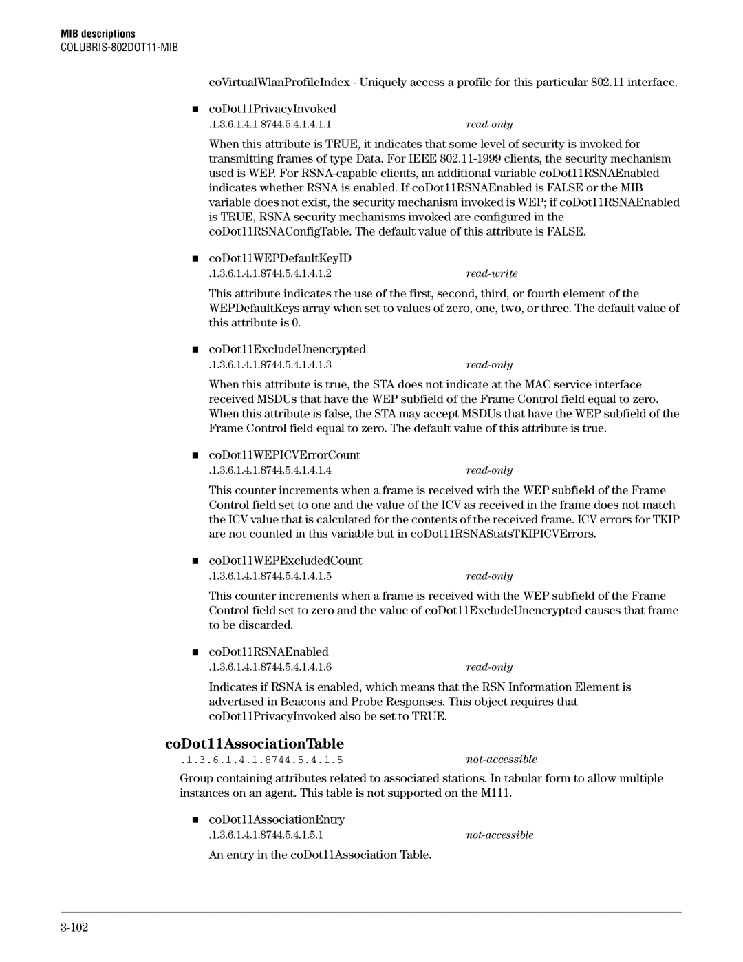 HP Guest Management Software manual CoDot11AssociationTable, „ coDot11WEPExcludedCount, An entry in the coDot11Association 