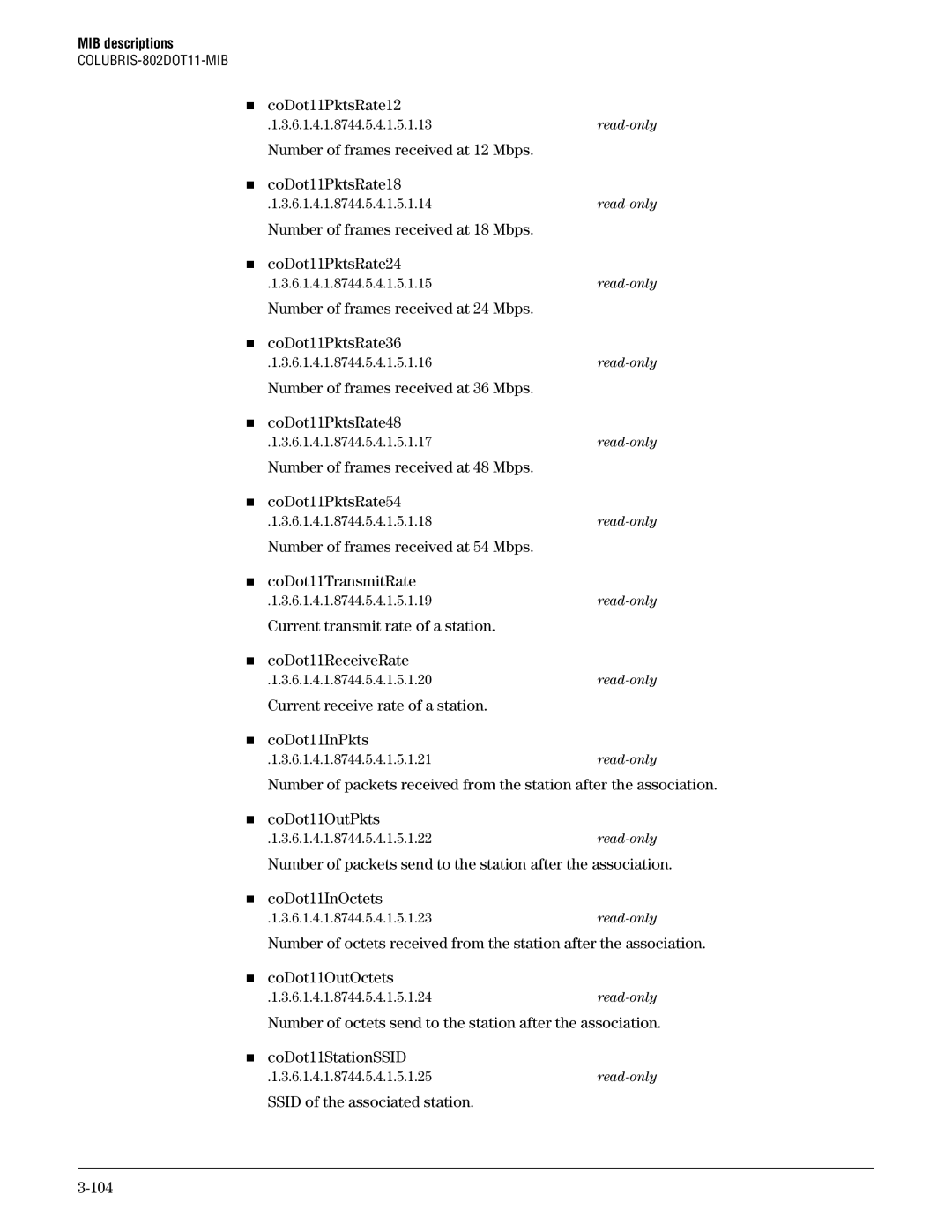 HP Guest Management Software „ coDot11PktsRate12, Number of frames received at 12 Mbps CoDot11PktsRate18, CoDot11OutPkts 