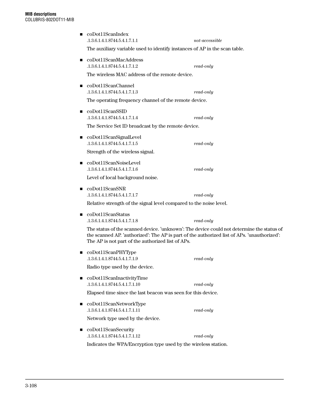 HP Guest Management Software manual „ coDot11ScanIndex, Strength of the wireless signal „ coDot11ScanNoiseLevel 