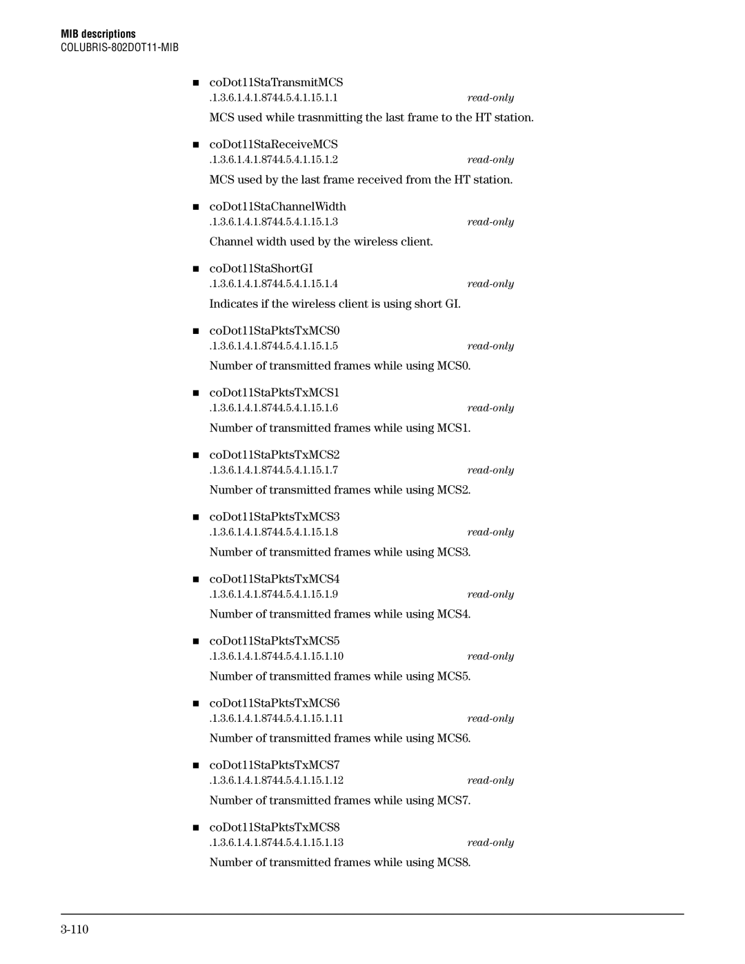 HP Guest Management Software manual „ coDot11StaTransmitMCS, Number of transmitted frames while using MCS8 110 