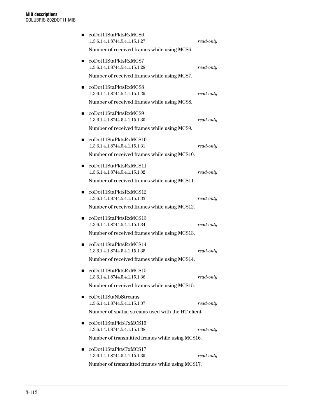 HP Guest Management Software manual „ coDot11StaPktsRxMCS6, Number of transmitted frames while using MCS17 112 