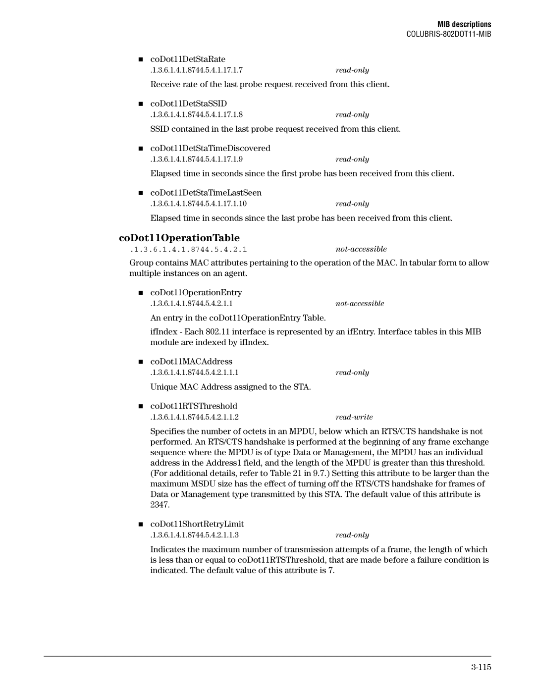 HP Guest Management Software manual CoDot11OperationTable, „ coDot11DetStaRate 