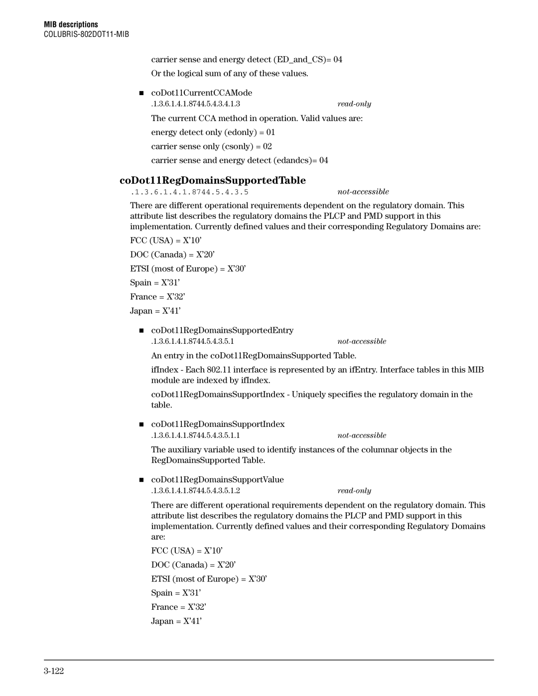 HP Guest Management Software manual CoDot11RegDomainsSupportedTable, 6.1.4.1.8744.5.4.3.5not-accessible 