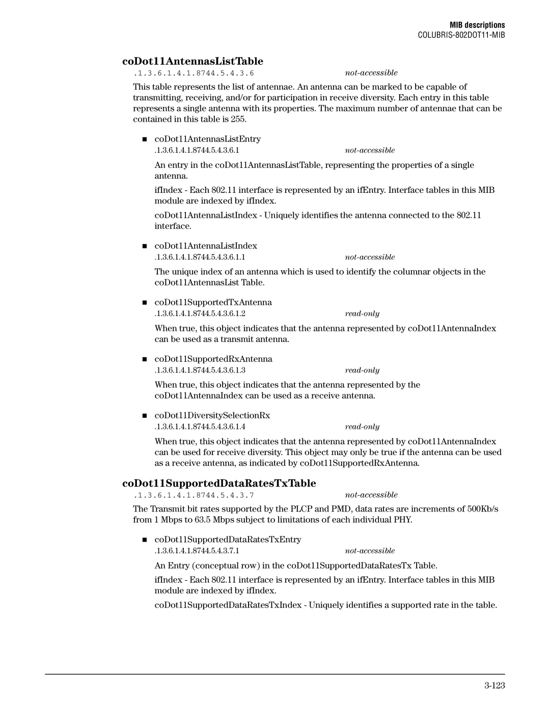 HP Guest Management Software manual CoDot11AntennasListTable, CoDot11SupportedDataRatesTxTable 