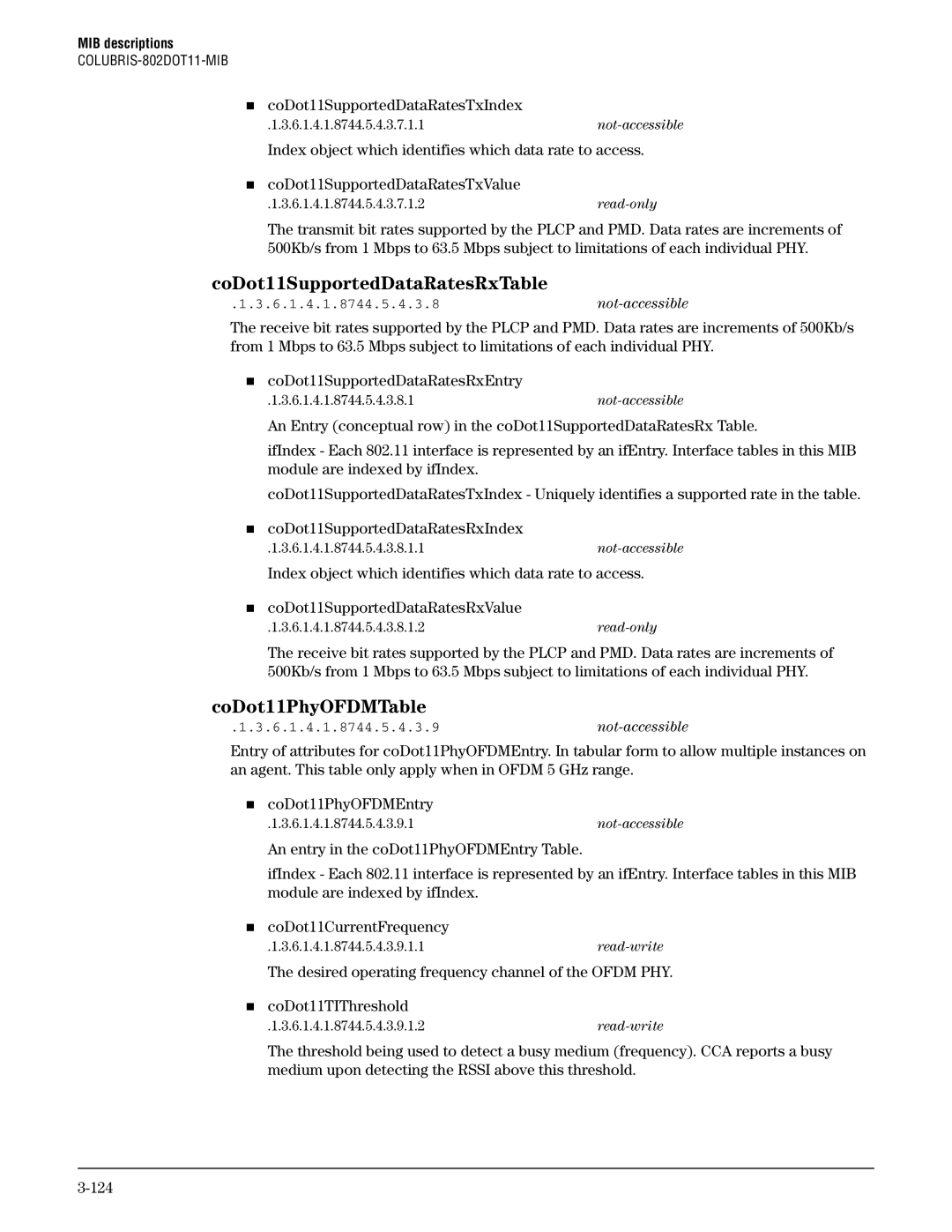 HP Guest Management Software CoDot11SupportedDataRatesRxTable, CoDot11PhyOFDMTable, „ coDot11SupportedDataRatesTxIndex 