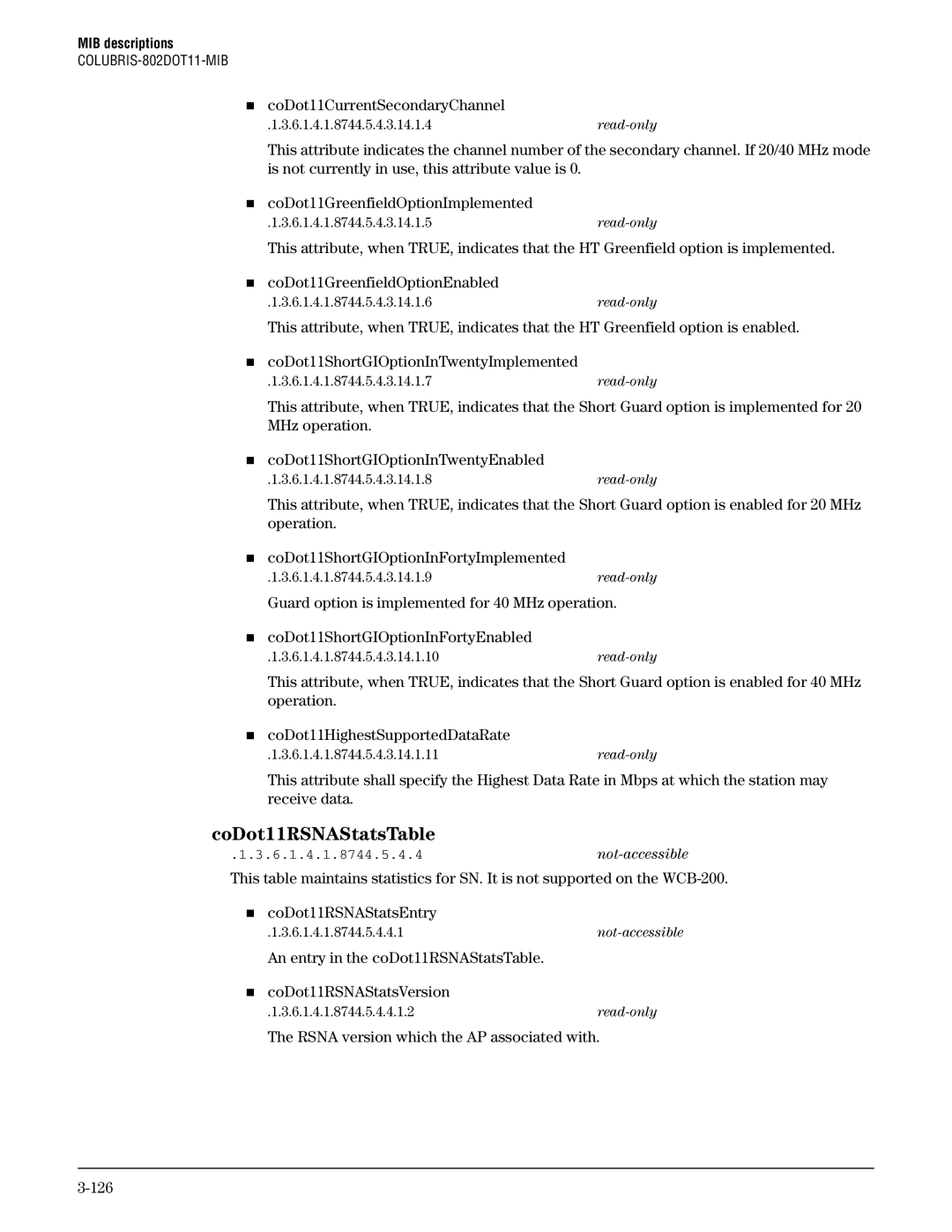 HP Guest Management Software manual CoDot11RSNAStatsTable, „ coDot11CurrentSecondaryChannel 