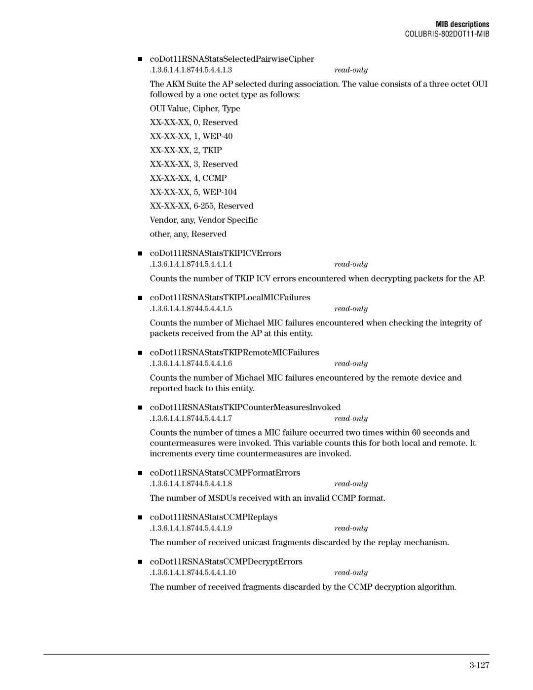 HP Guest Management Software manual „ coDot11RSNAStatsSelectedPairwiseCipher, XX-XX-XX, 3, Reserved 