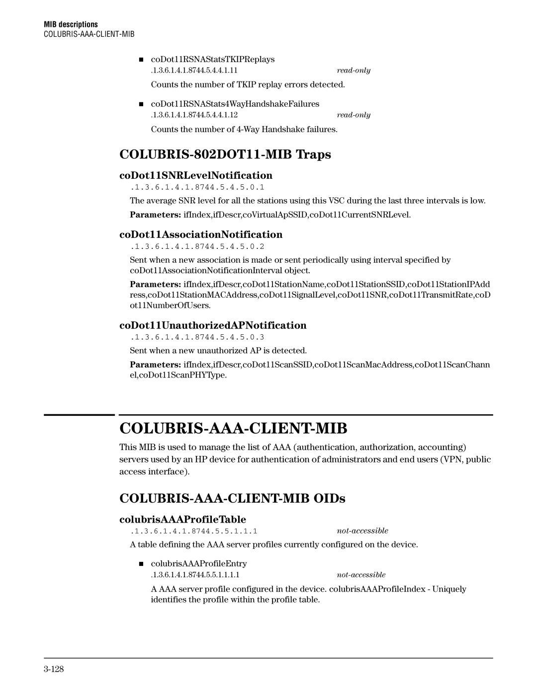 HP Guest Management Software manual Colubris-Aaa-Client-Mib, COLUBRIS-802DOT11-MIB Traps, COLUBRIS-AAA-CLIENT-MIB OIDs 