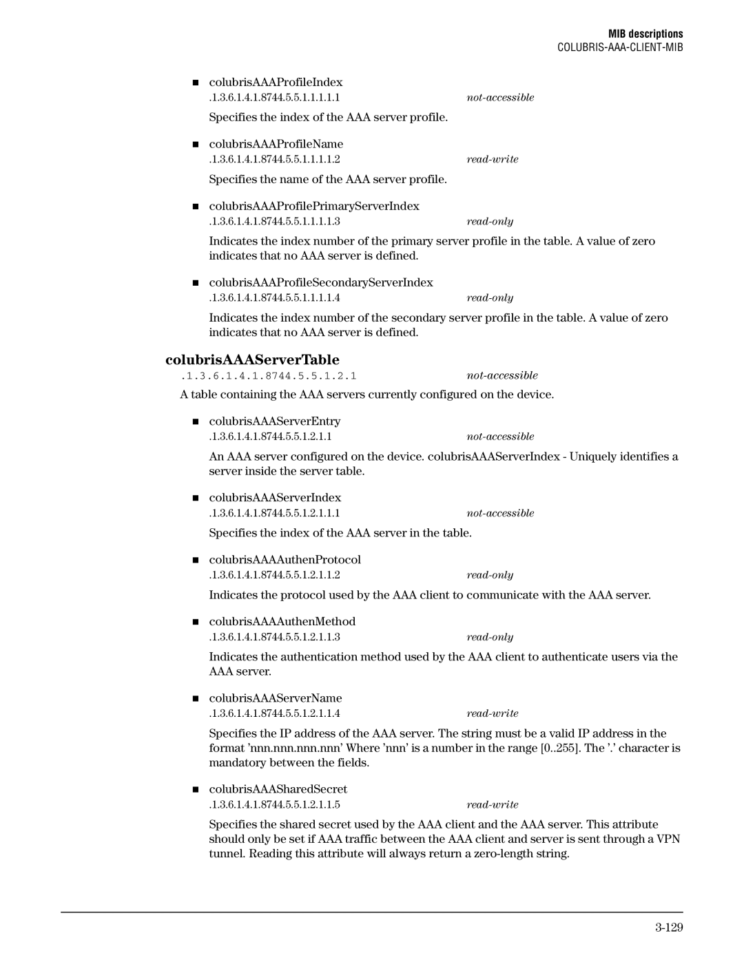 HP Guest Management Software manual ColubrisAAAServerTable, „ colubrisAAAProfileIndex 