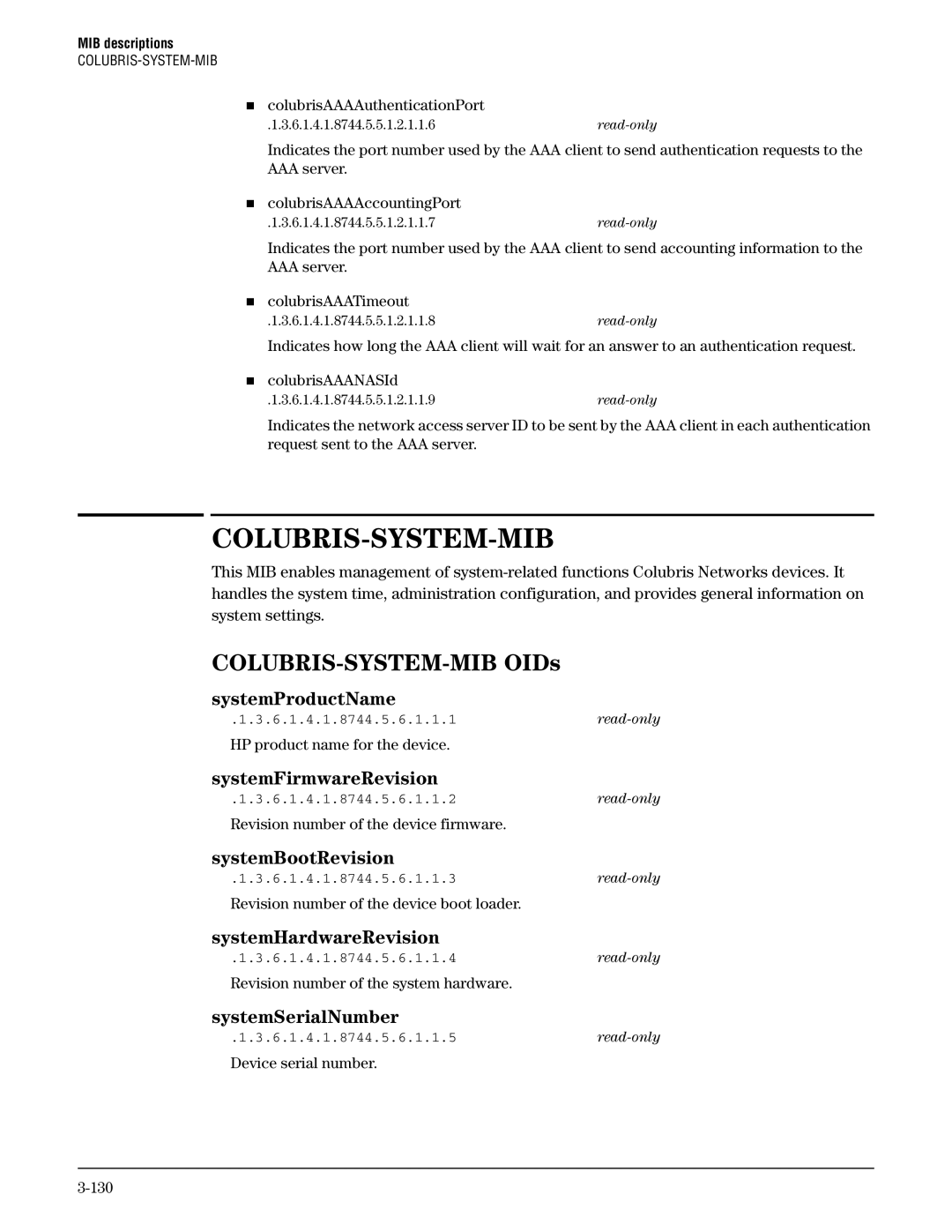 HP Guest Management Software manual Colubris-System-Mib, COLUBRIS-SYSTEM-MIB OIDs 