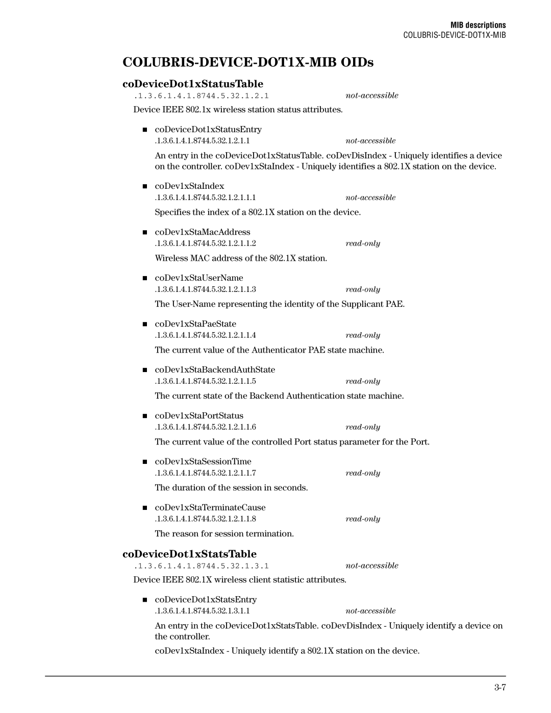 HP Guest Management Software manual COLUBRIS-DEVICE-DOT1X-MIB OIDs, CoDeviceDot1xStatusTable, CoDeviceDot1xStatsTable 