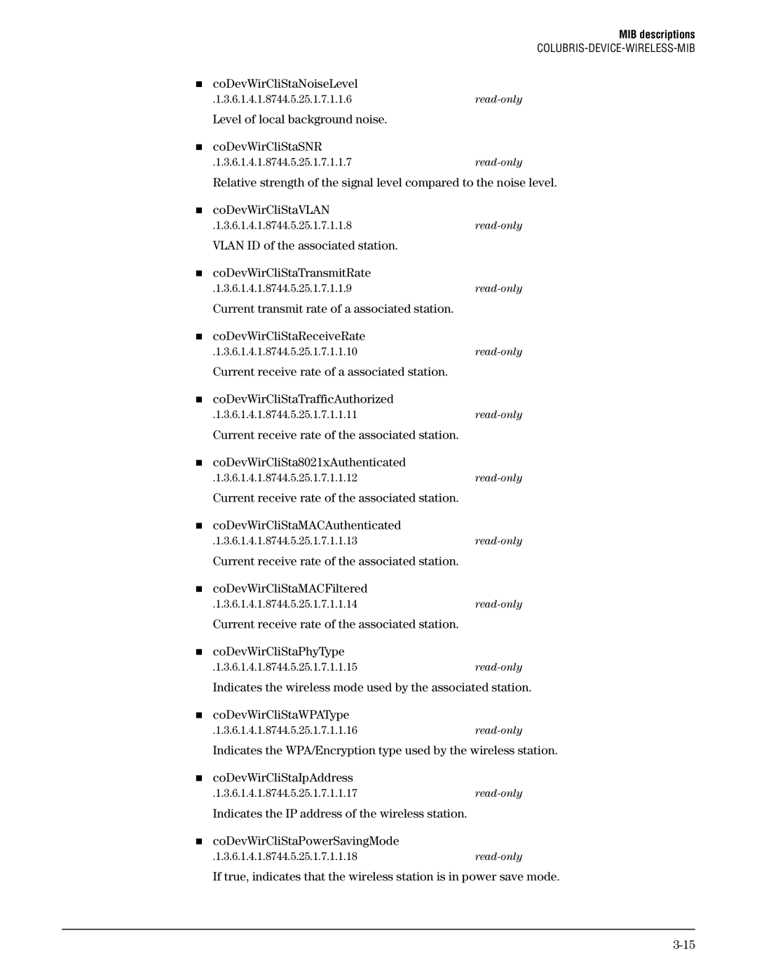 HP Guest Management Software manual „ coDevWirCliStaNoiseLevel, Level of local background noise „ coDevWirCliStaSNR 