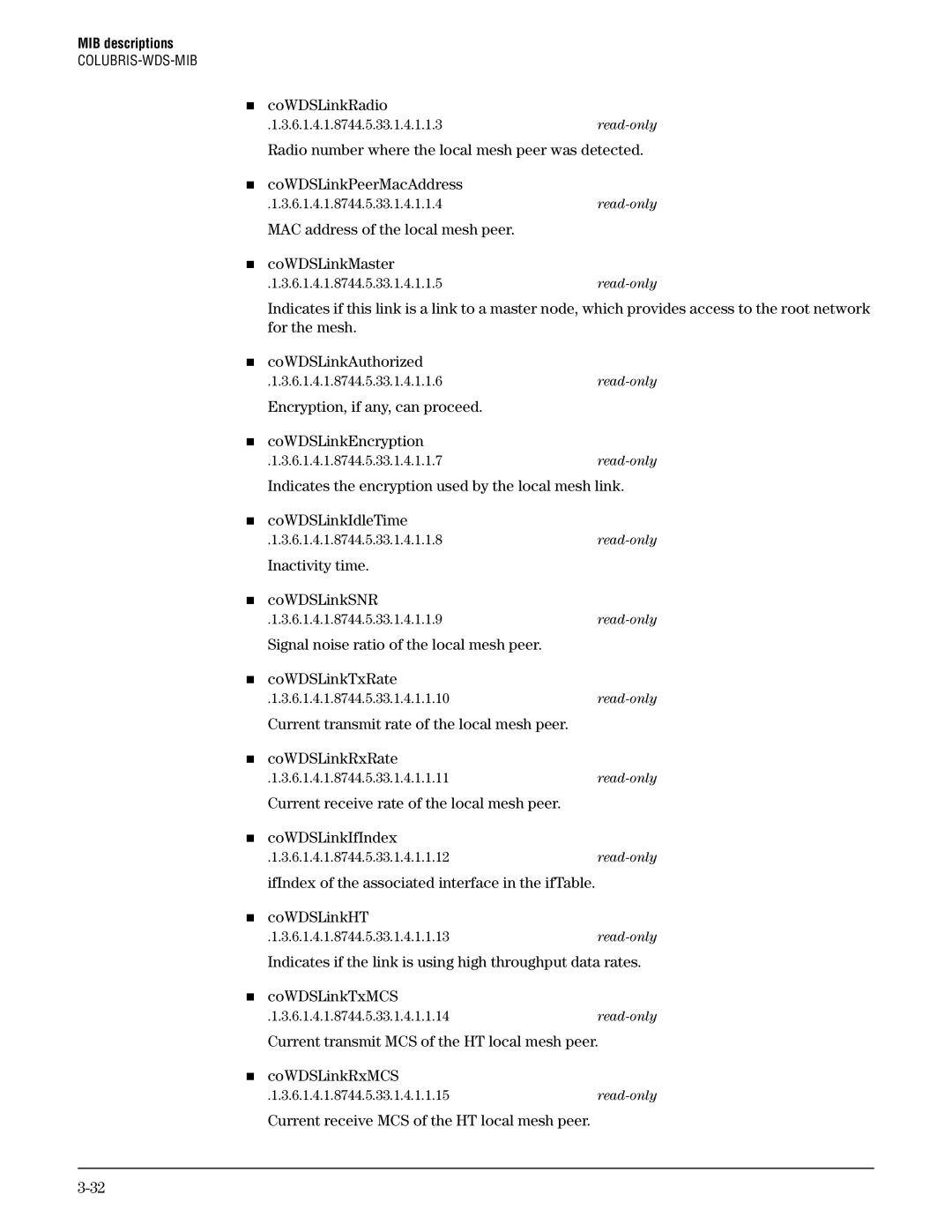 HP Guest Management Software manual „ coWDSLinkRadio, MAC address of the local mesh peer „ coWDSLinkMaster 