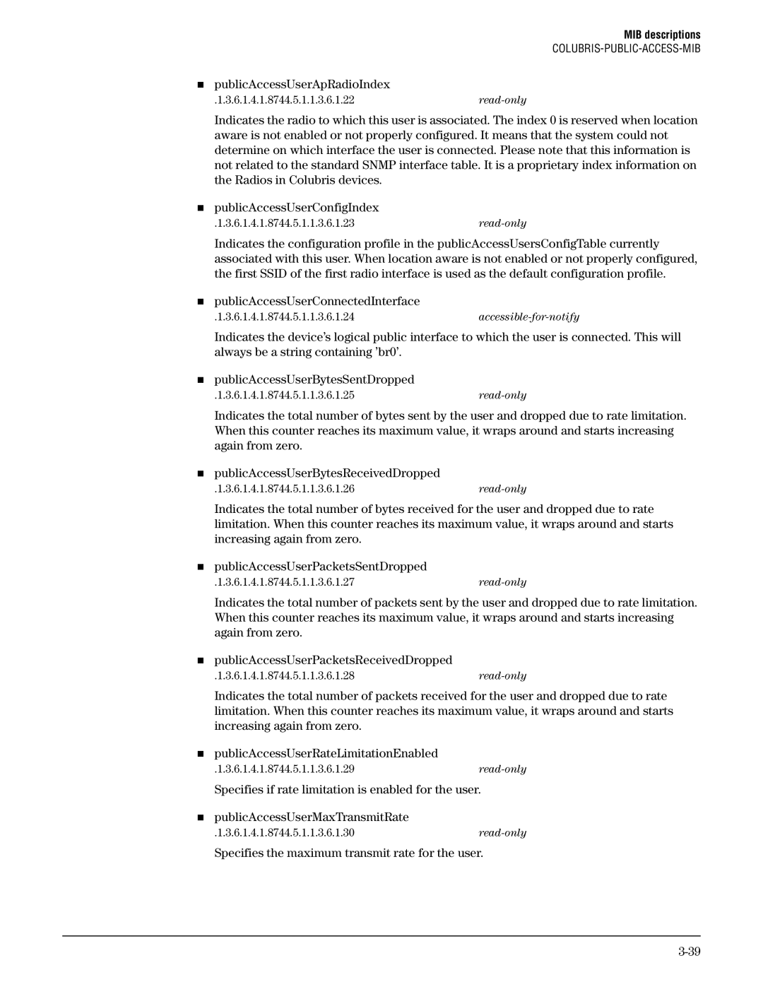 HP Guest Management Software manual „ publicAccessUserApRadioIndex, „ publicAccessUserConnectedInterface 