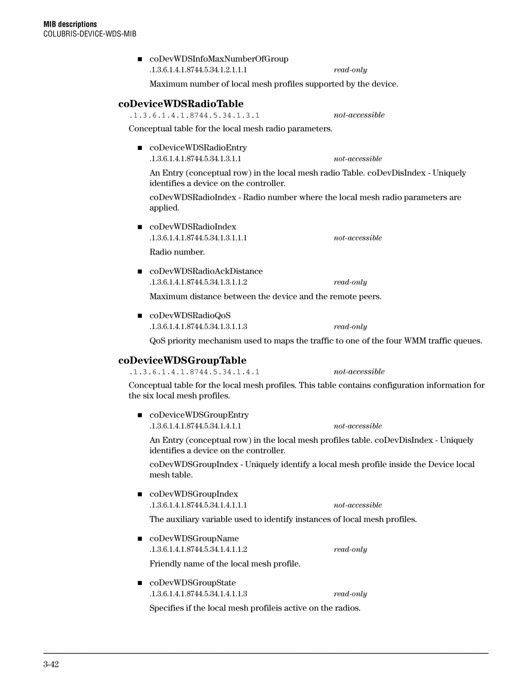 HP Guest Management Software manual CoDeviceWDSRadioTable, CoDeviceWDSGroupTable, „ coDevWDSInfoMaxNumberOfGroup 