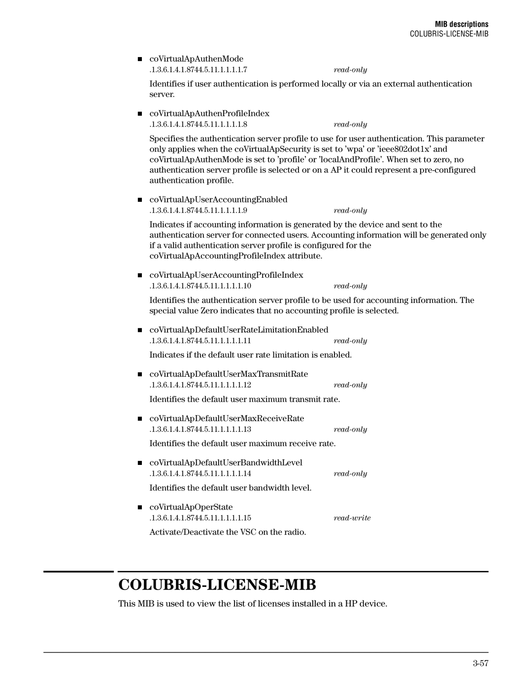 HP Guest Management Software manual Colubris-License-Mib, „ coVirtualApAuthenMode, Activate/Deactivate the VSC on the radio 