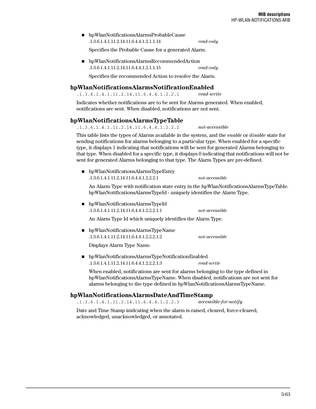 HP Guest Management Software manual HpWlanNotificationsAlarmsNotificationEnabled, HpWlanNotificationsAlarmsTypeTable 