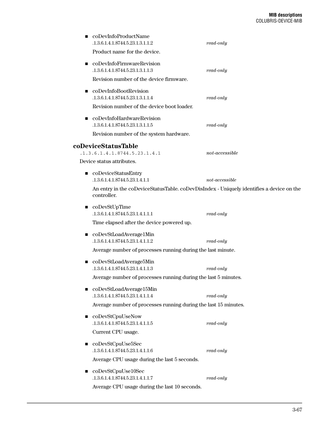 HP Guest Management Software manual CoDeviceStatusTable, „ coDevInfoProductName, Revision number of the system hardware 