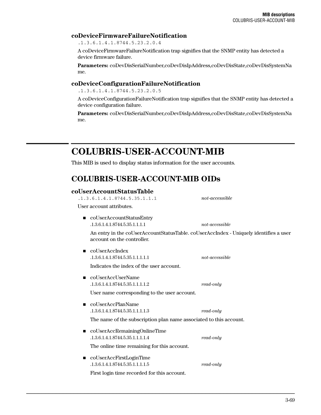 HP Guest Management Software manual Colubris-User-Account-Mib, COLUBRIS-USER-ACCOUNT-MIB OIDs, CoUserAccountStatusTable 