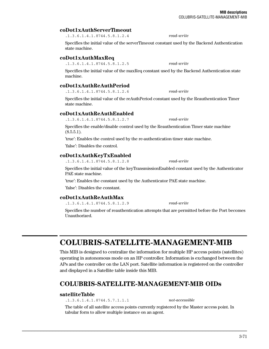 HP Guest Management Software manual Colubris-Satellite-Management-Mib, COLUBRIS-SATELLITE-MANAGEMENT-MIB OIDs 