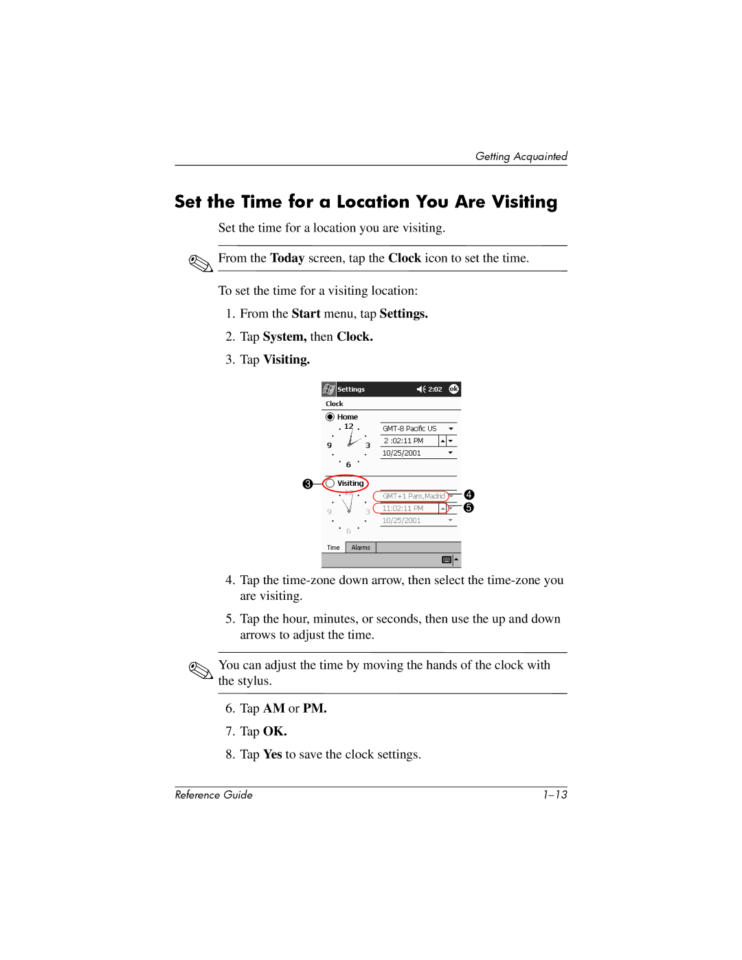 HP H1910e manual Set the Time for a Location You Are Visiting, Tap System, then Clock Tap Visiting 