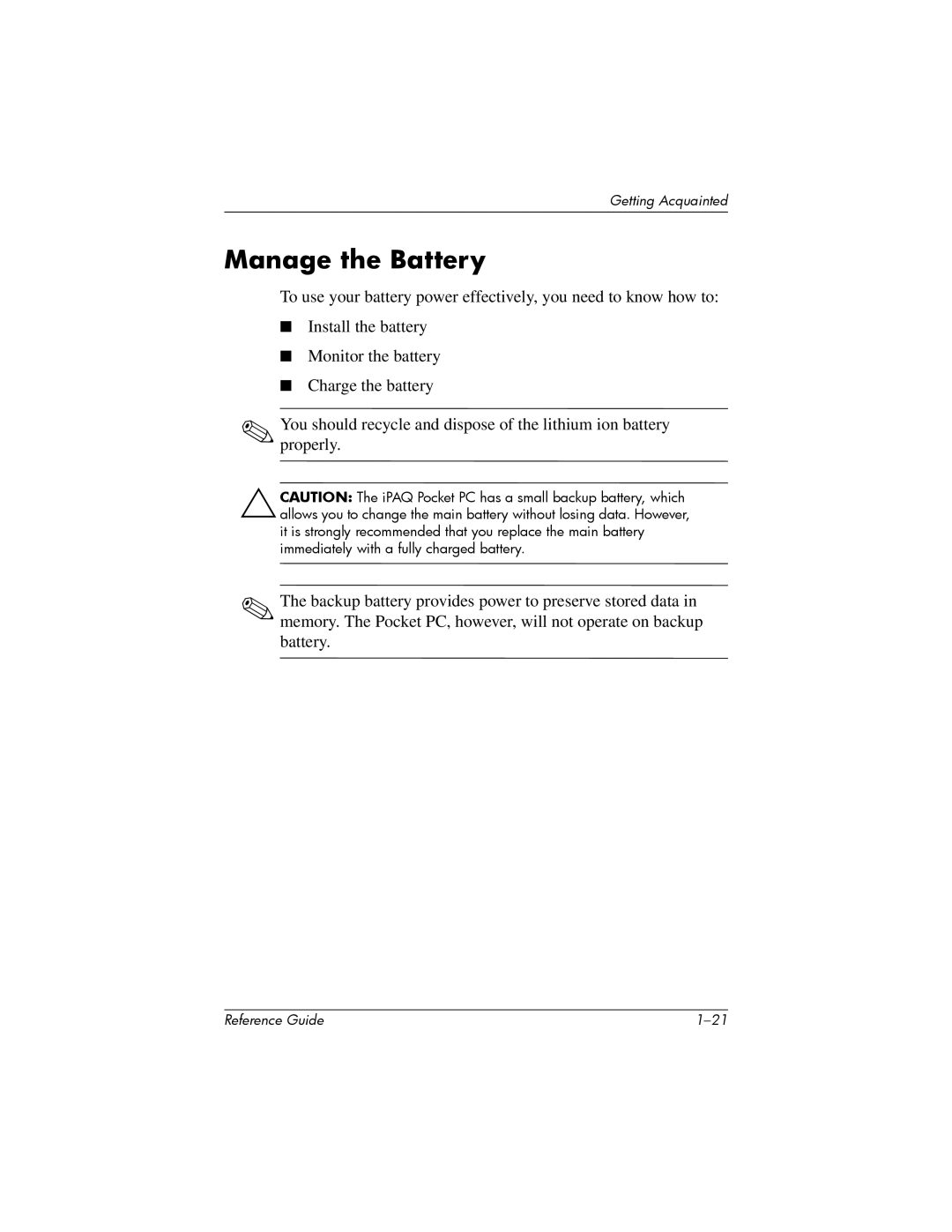 HP H1910e manual Manage the Battery 