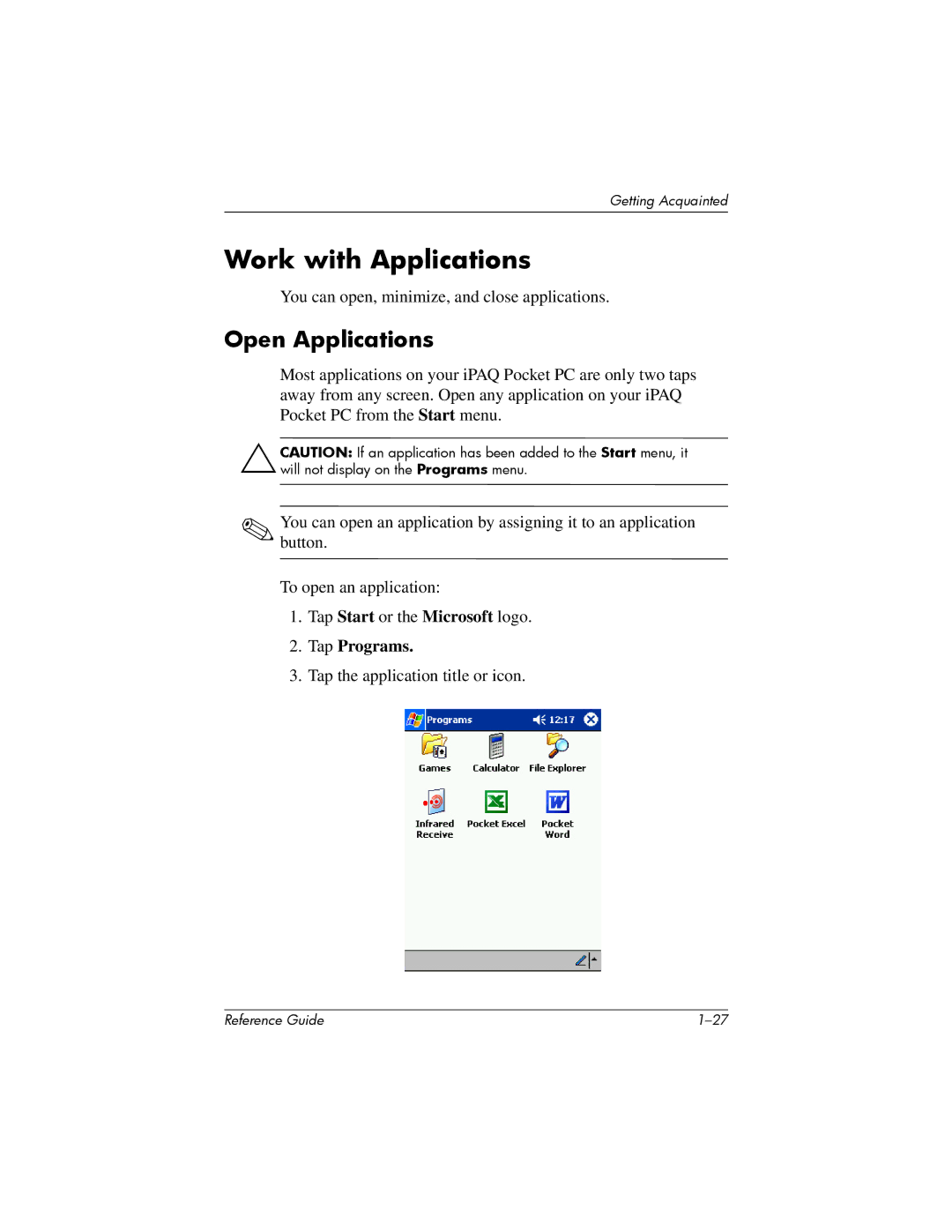 HP H1910e manual Work with Applications, Open Applications, Tap Programs 