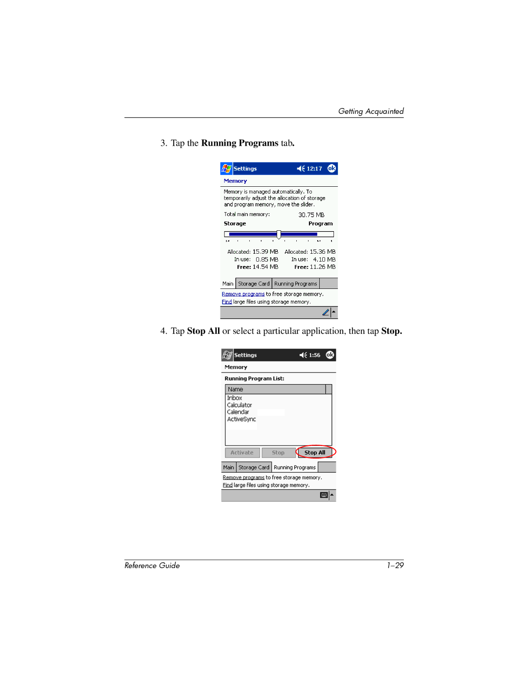 HP H1910e manual Tap the Running Programs tab 