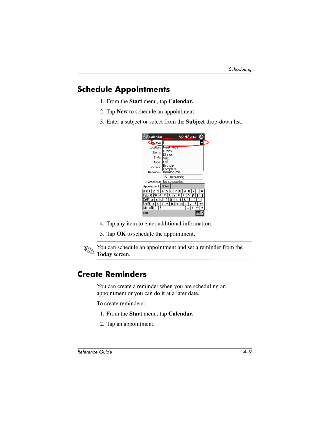 HP H1910e manual Schedule Appointments, Create Reminders 