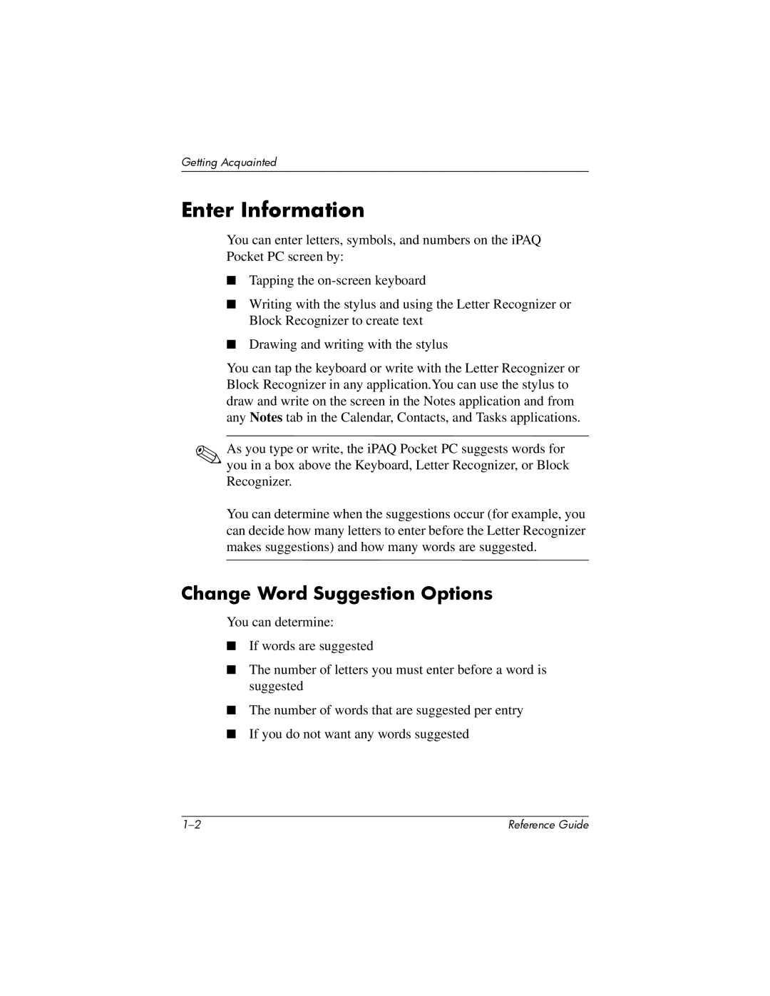 HP H1910e manual Enter Information, Change Word Suggestion Options 