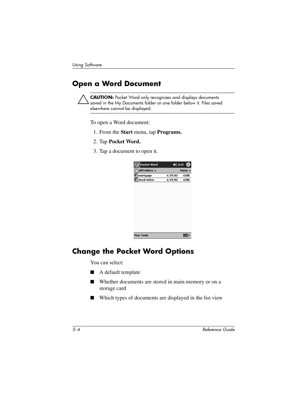 HP H1910e manual Open a Word Document, Change the Pocket Word Options 