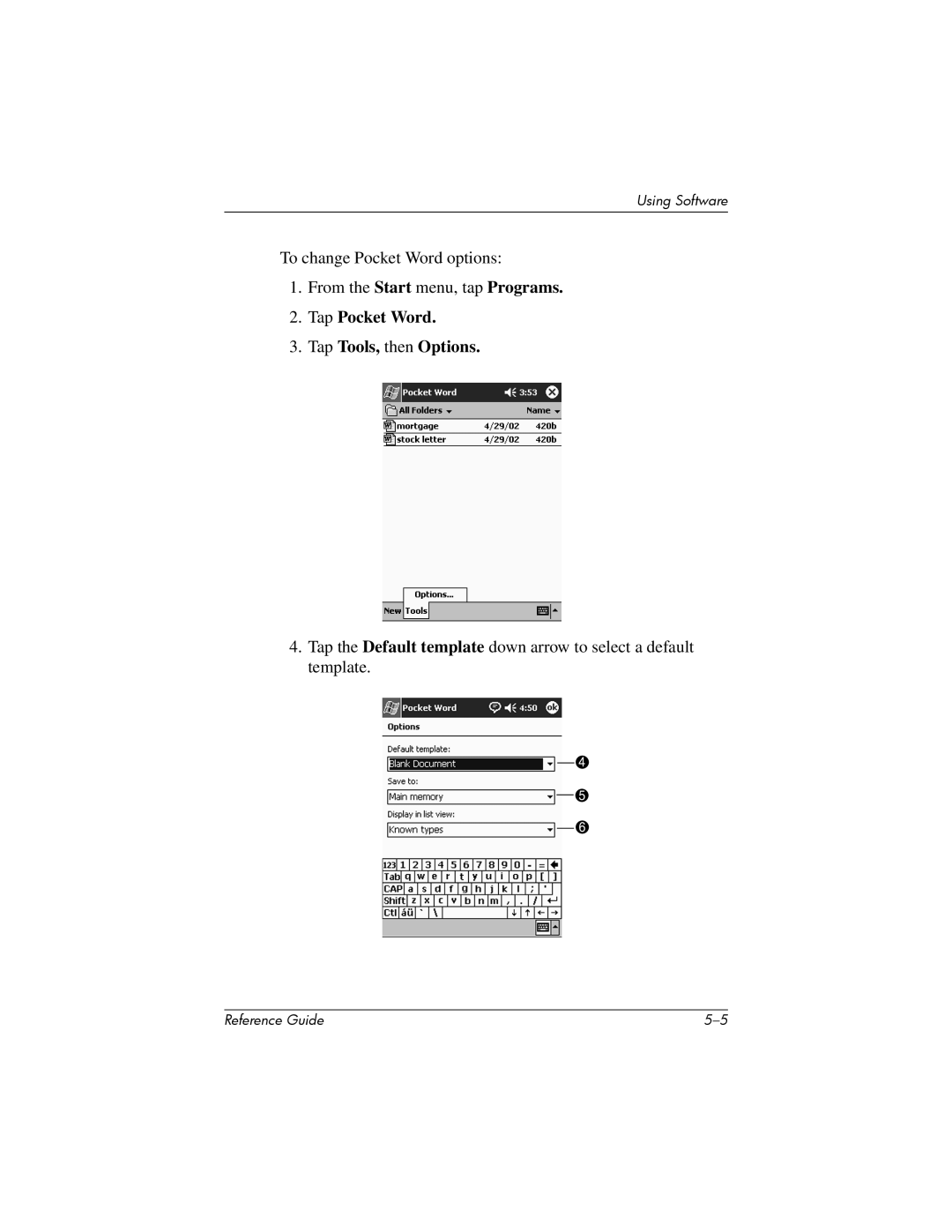 HP H1910e manual Tap Pocket Word Tap Tools, then Options 