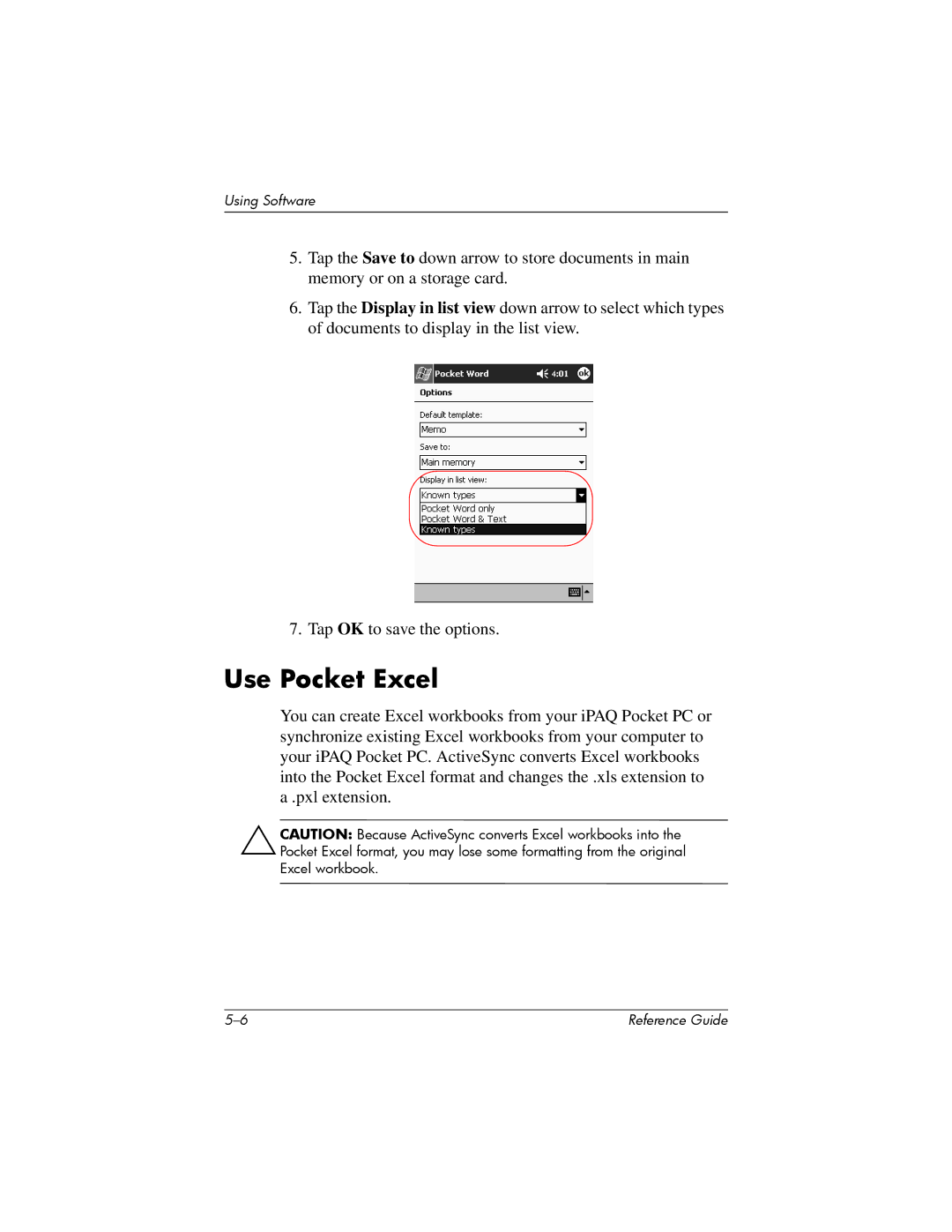 HP H1910e manual Use Pocket Excel 