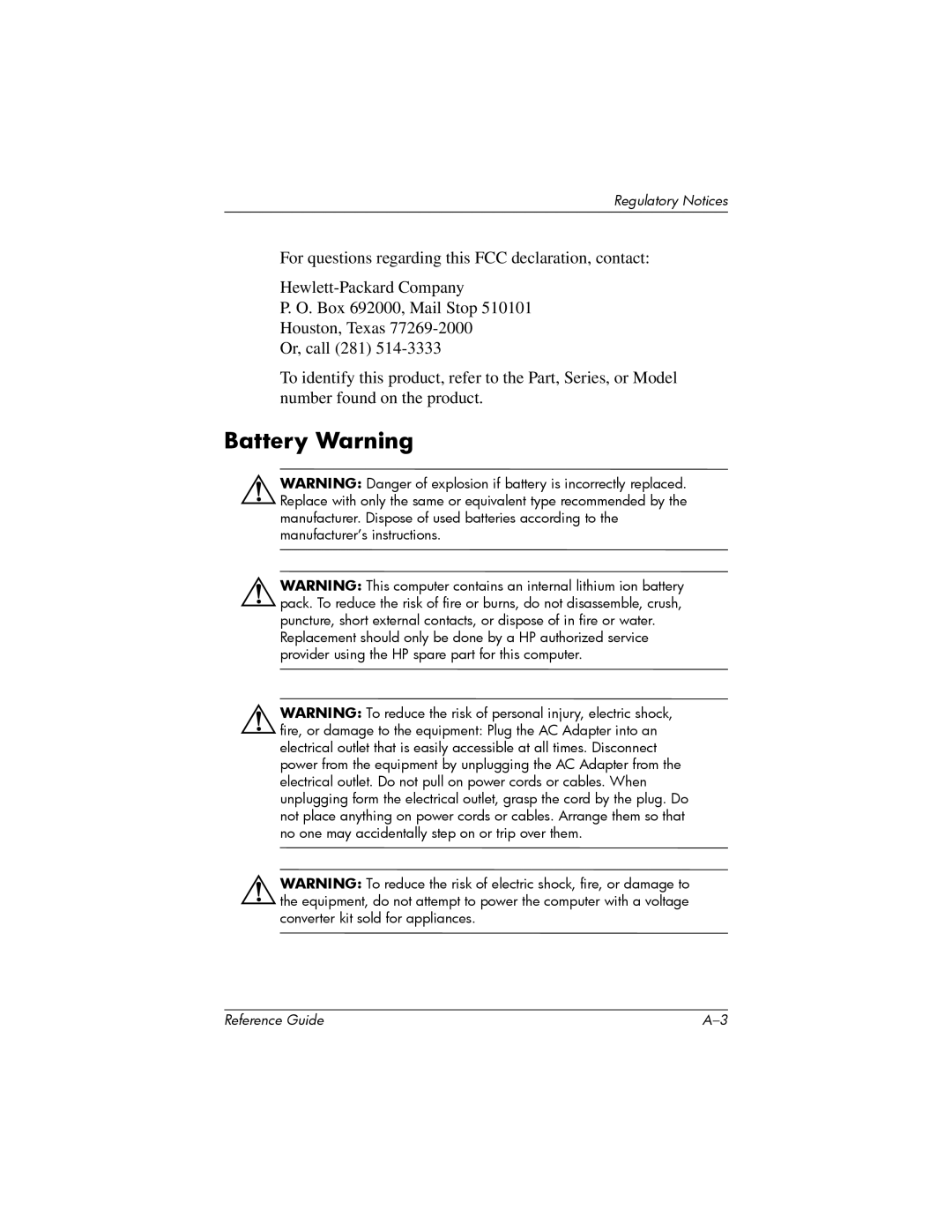 HP H1910e manual Battery Warning 