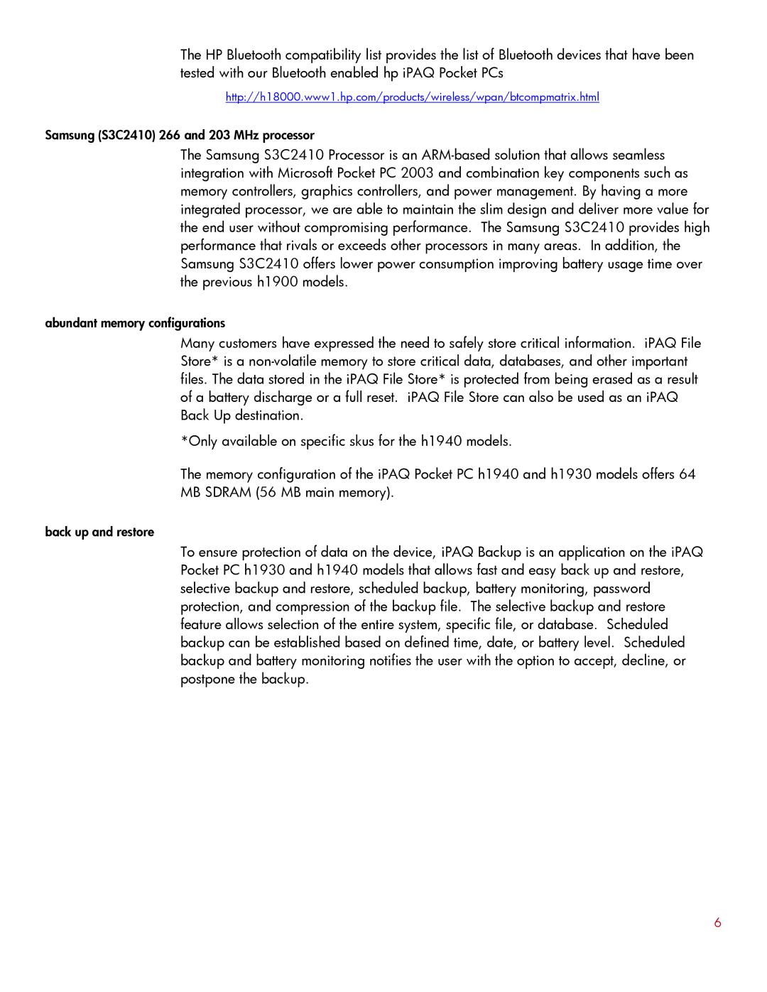 HP H1930 manual Samsung S3C2410 266 and 203 MHz processor 