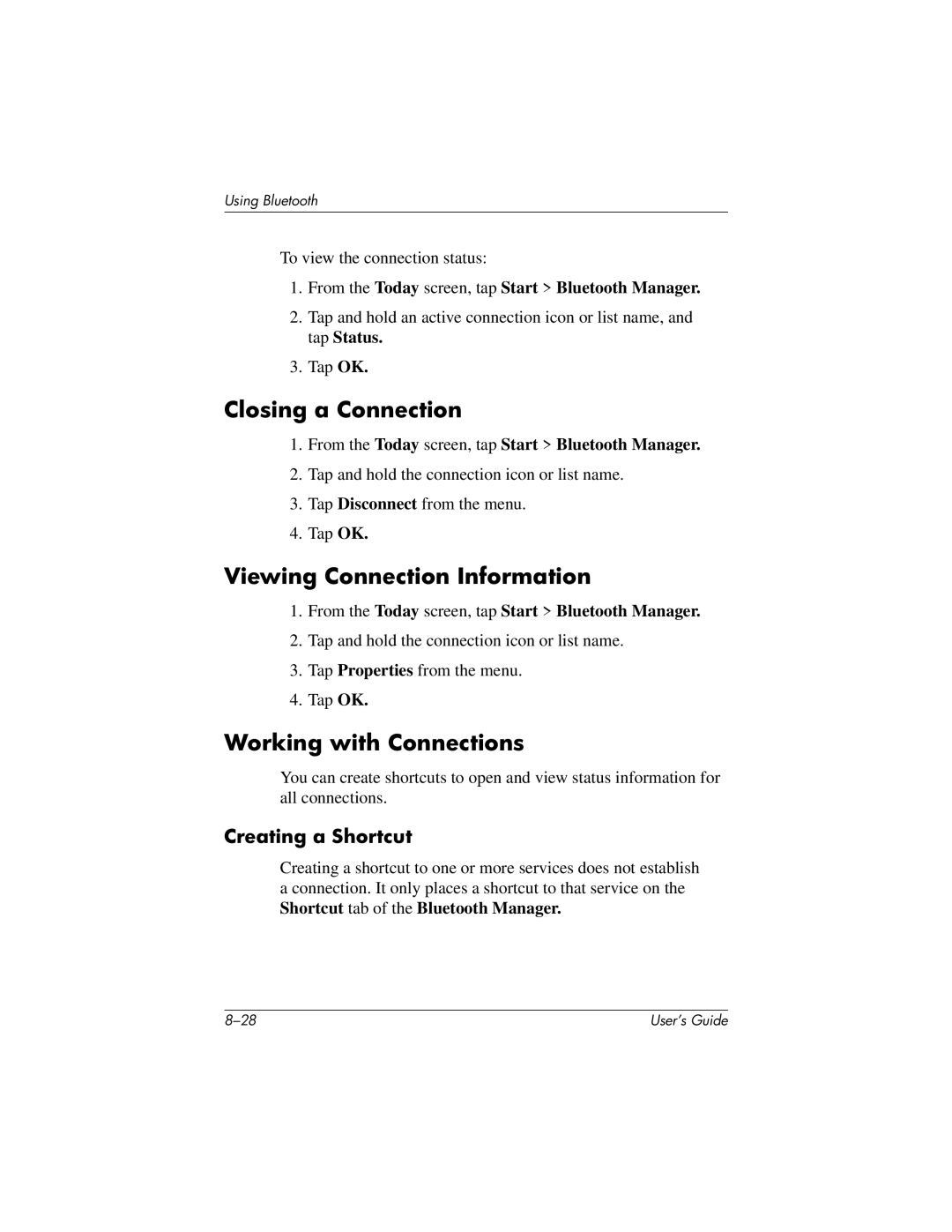 HP h1937, h1945, h1940 Closing a Connection, Viewing Connection Information, Working with Connections, Creating a Shortcut 