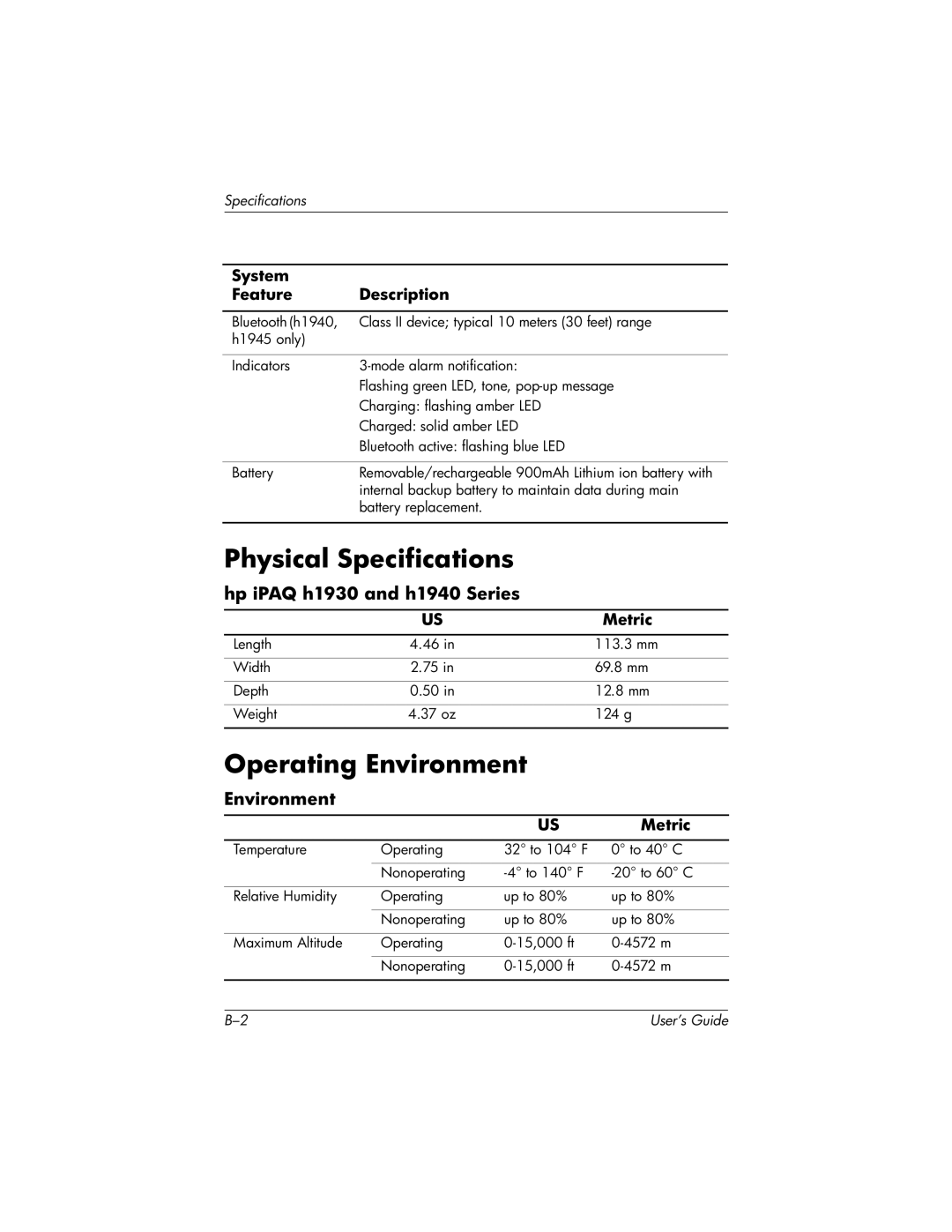 HP h1937, h1945, h1940, h1935 manual Physical Specifications, Operating Environment 