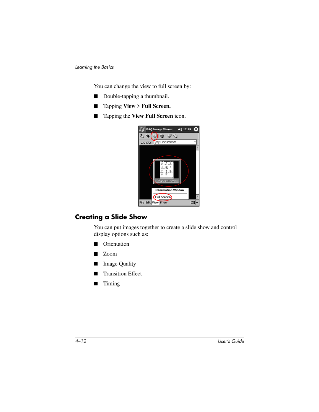 HP h1945, h1940, h1937, h1935 manual Creating a Slide Show, Tapping View Full Screen 