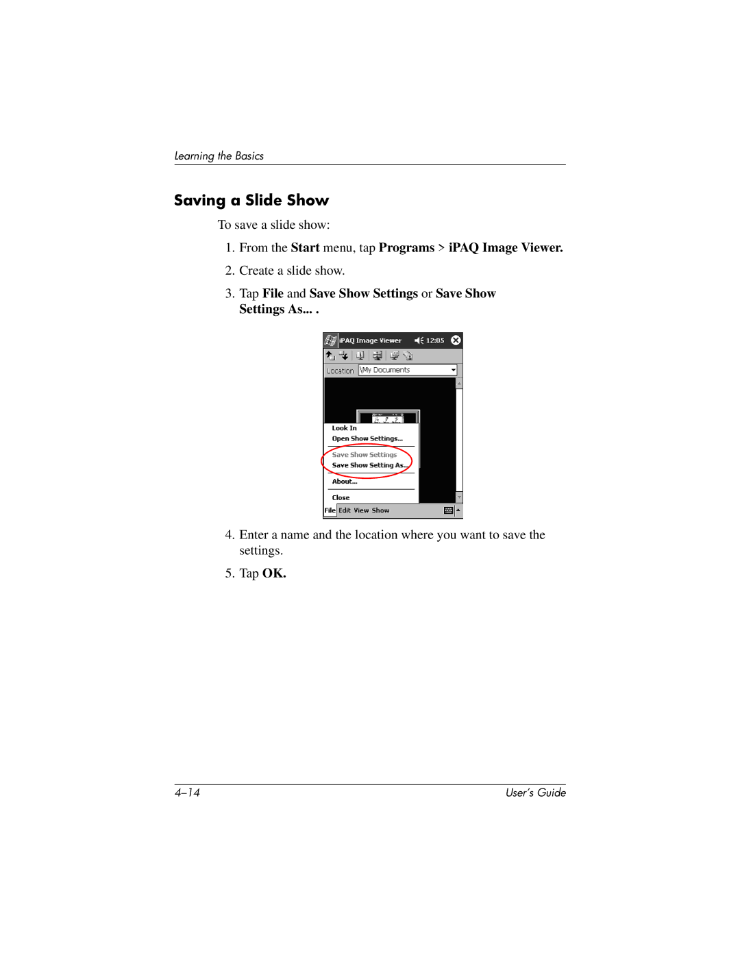 HP h1937, h1945, h1940, h1935 manual Saving a Slide Show, Tap File and Save Show Settings or Save Show Settings As 