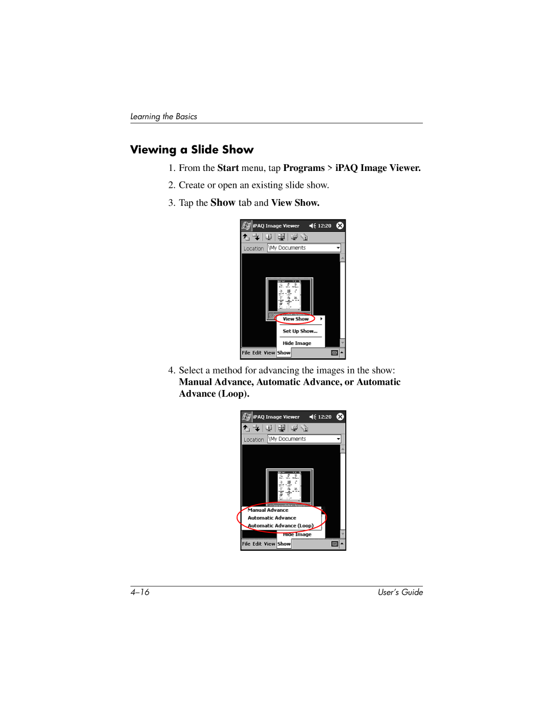 HP h1945, h1940, h1937, h1935 manual Viewing a Slide Show, Manual Advance, Automatic Advance, or Automatic Advance Loop 