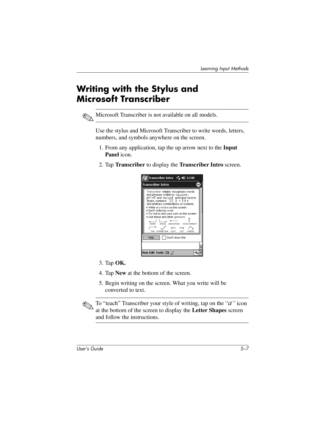 HP h1935, h1945 Writing with the Stylus Microsoft Transcriber, Tap Transcriber to display the Transcriber Intro screen 