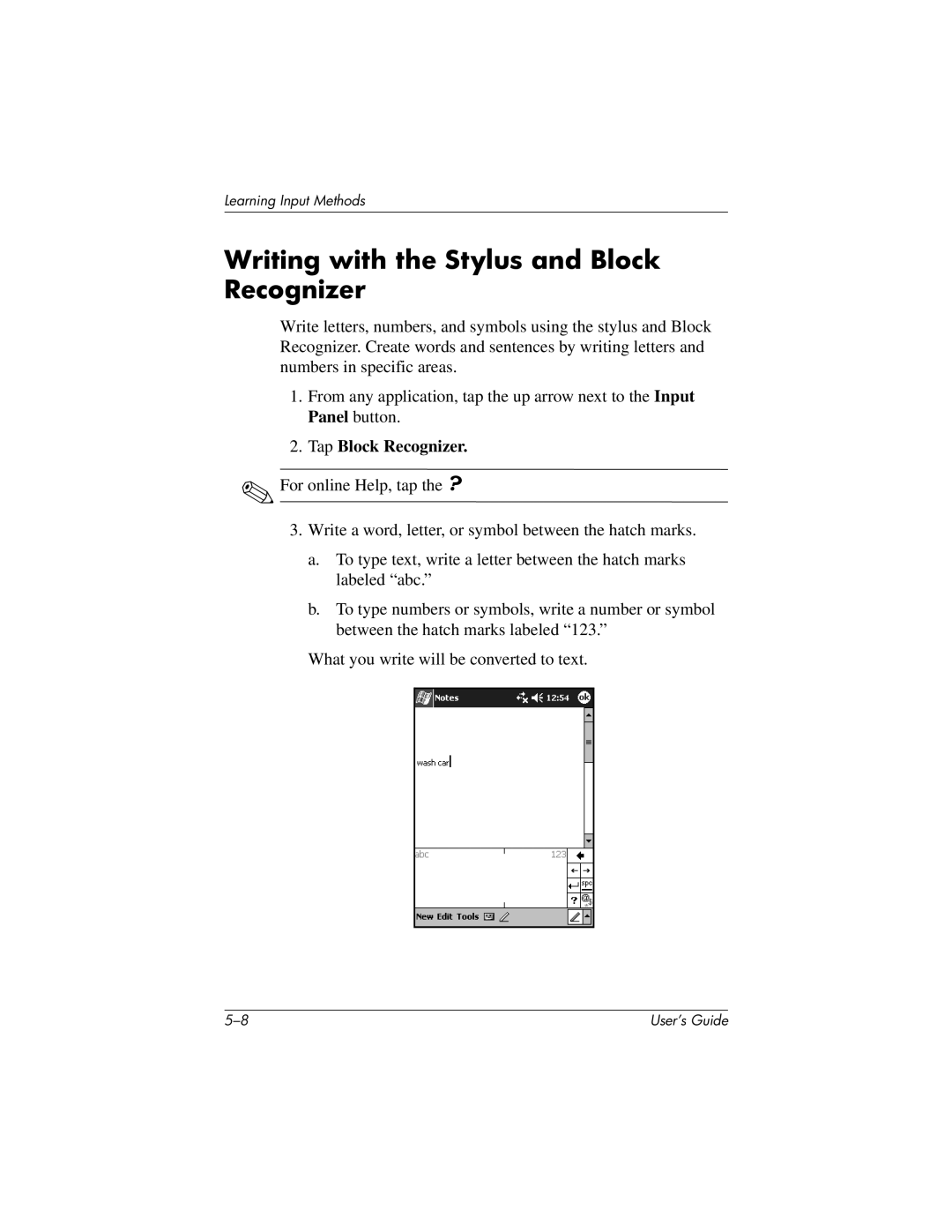 HP h1945, h1940, h1937, h1935 manual Writing with the Stylus and Block Recognizer, Tap Block Recognizer 