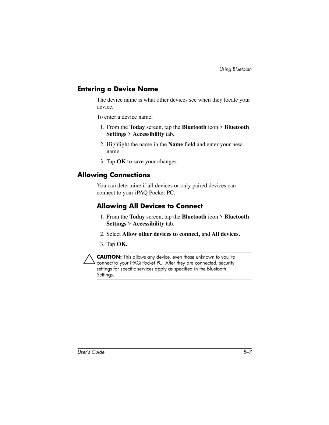 HP h1940, h1945, h1937, h1935 manual Entering a Device Name, Allowing Connections, Allowing All Devices to Connect 