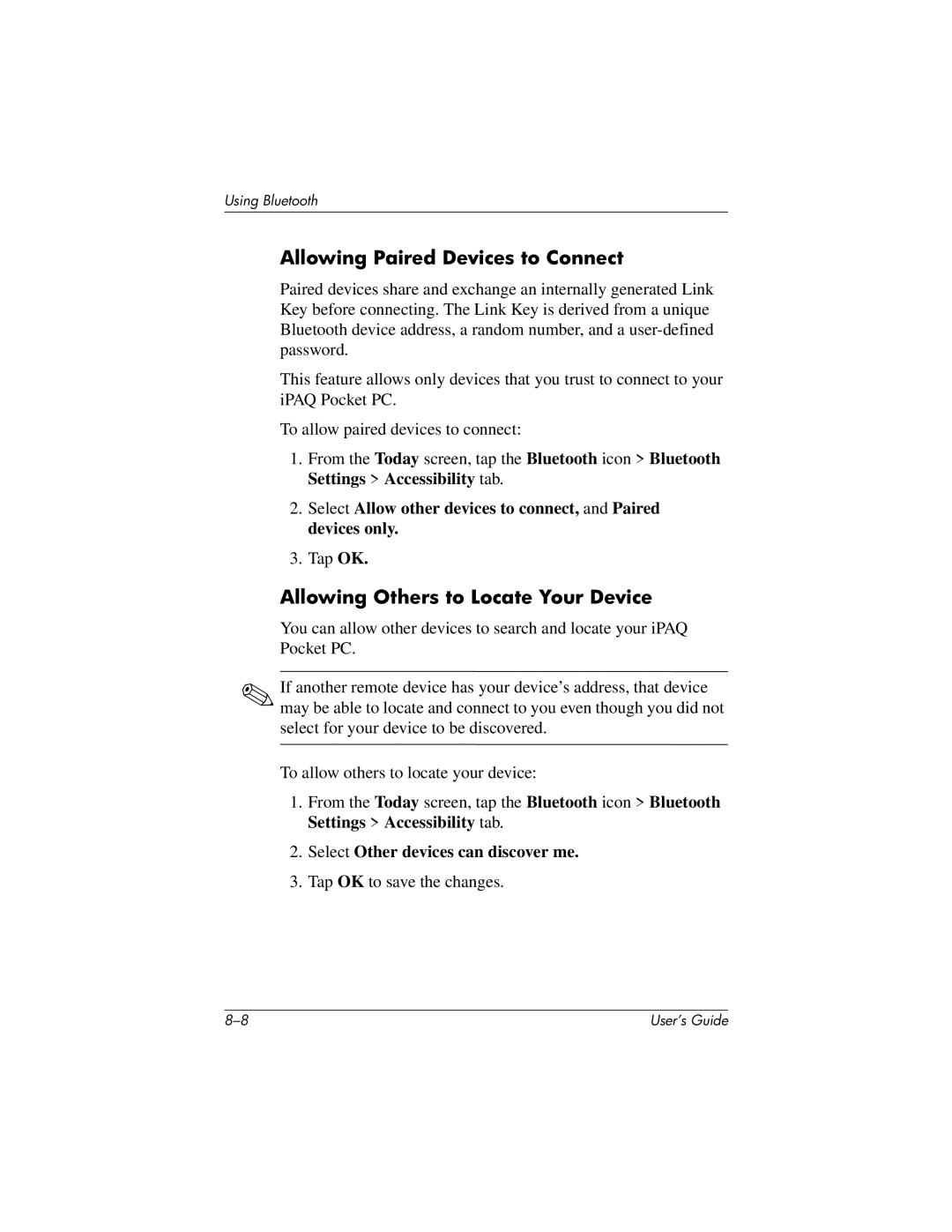 HP h1937 Allowing Paired Devices to Connect, Allowing Others to Locate Your Device, Select Other devices can discover me 