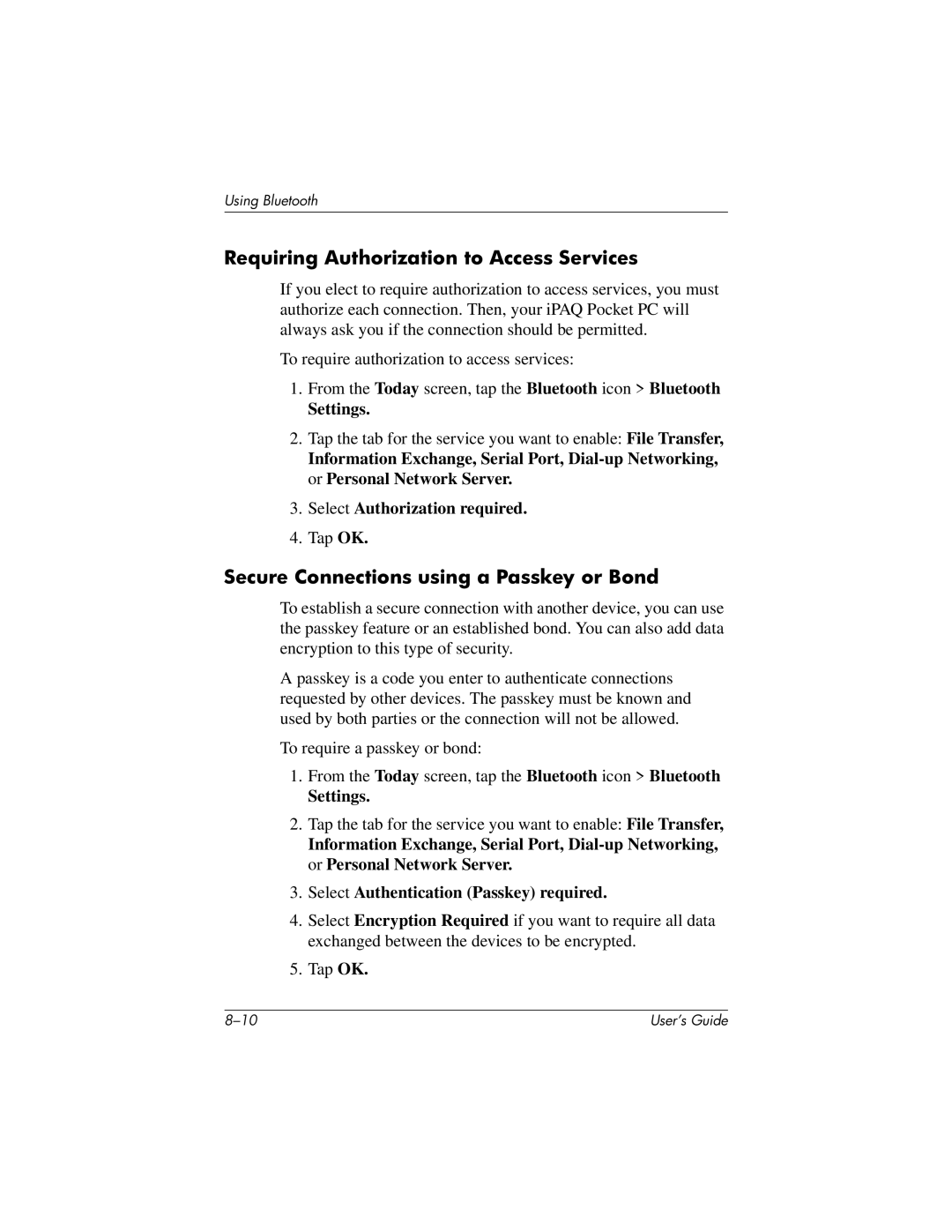 HP h1945, h1940, h1937, h1935 manual Requiring Authorization to Access Services, Secure Connections using a Passkey or Bond 