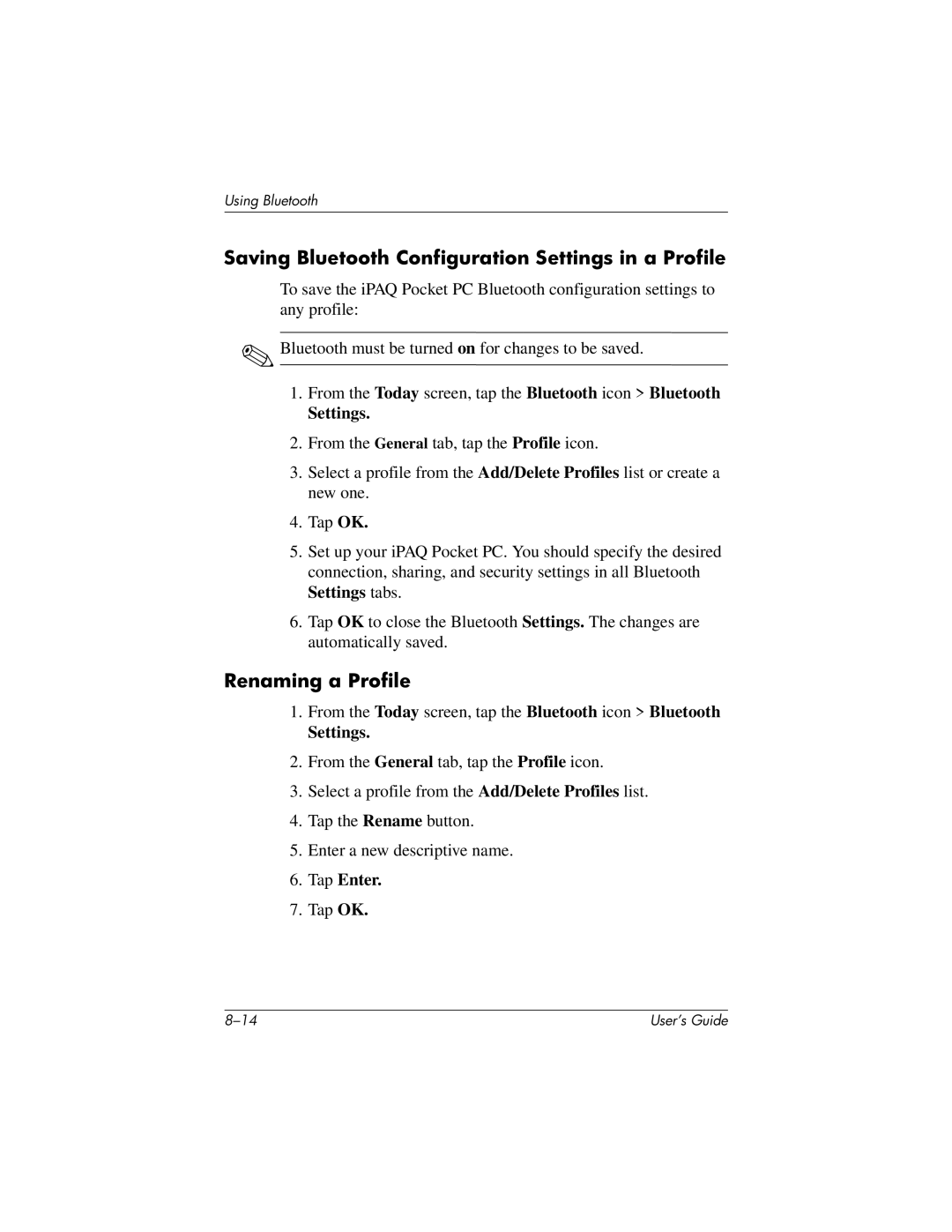 HP h1945, h1940, h1937, h1935 manual Saving Bluetooth Configuration Settings in a Profile, Renaming a Profile, Tap Enter 