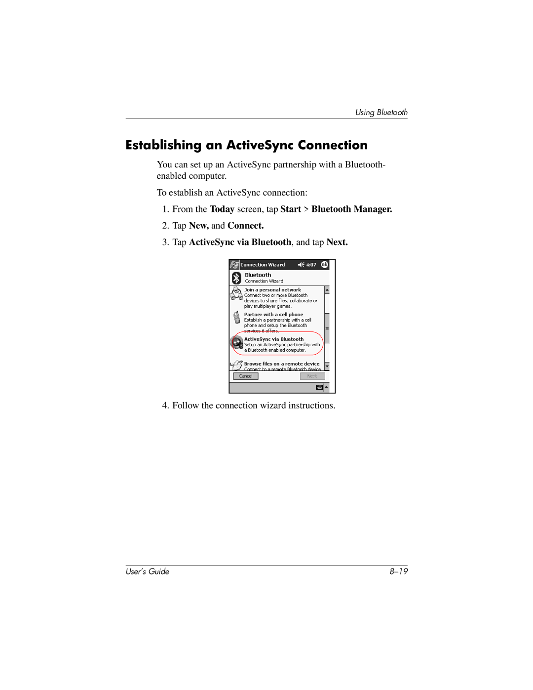 HP h1940, h1945, h1937, h1935 manual Establishing an ActiveSync Connection 