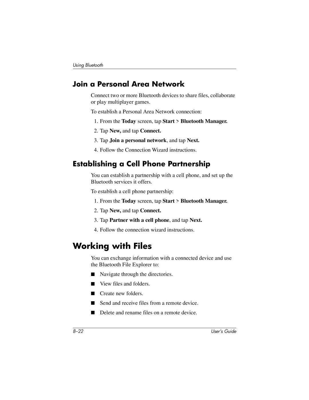 HP h1945, h1940, h1937, h1935 manual Working with Files, Join a Personal Area Network, Establishing a Cell Phone Partnership 